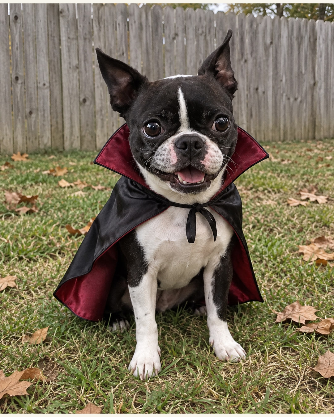 Bon Bon in a vampire cape in a backyard, AI photo edit