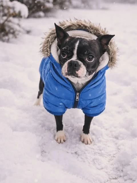 Bon Bon in her blue winter coat