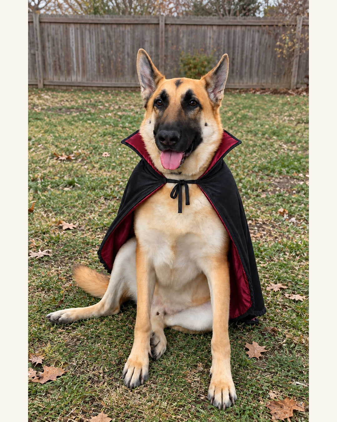 Tommy in a vampire cape in a backyard, AI photo edit